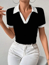 Women Summer Color Block Collared Short Sleeve Casual T-Shirt With Splice Design